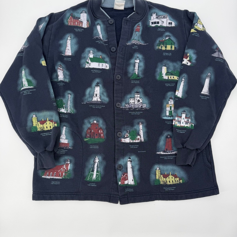 Vintage Great Lakes Lighthouses Button Sweatshirt Jacket Navy Blue USA